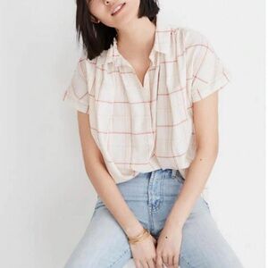 Madewell Central Shirt Popover in Fine Plaid red, pink, sherbet, green L